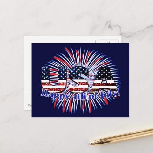 USA text flag glitters fireworks Happy 4th of July Postcard