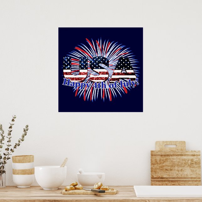 USA text flag glitters fireworks Happy 4th of July Poster (Kitchen)