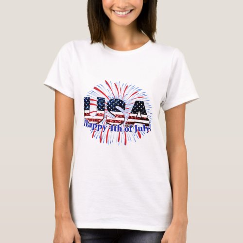 USA text flag glitters fireworks Happy 4th of July T_Shirt