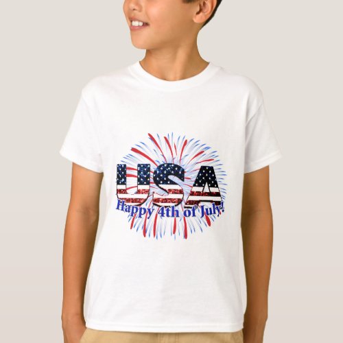 USA text flag glitters fireworks Happy 4th of July T_Shirt