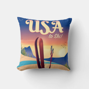 USA "To Ski" Vintage style travel poster Throw Pillow