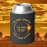 USA Total Solar Eclipse Party 4/8/2024 Custom Text Can Cooler<br><div class="desc">Get ready for the Great American total solar eclipse on April 8, 2024 with these cool can coolers. The design features a dark silhouette of the moon obscuring the sun with an orange glow and your custom text. Whether you're located in the path of the eclipse or just want to...</div>