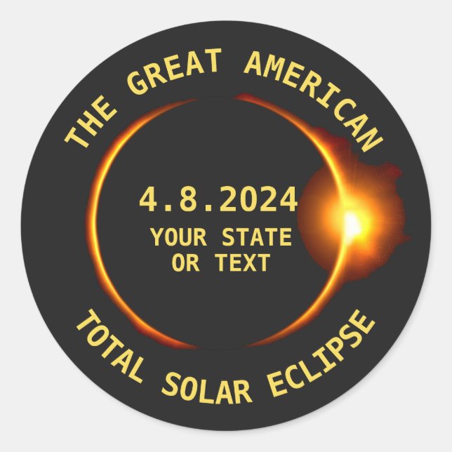 USA Total Solar Eclipse Party 4/8/2024 Custom Text Classic Round Sticker (Front)