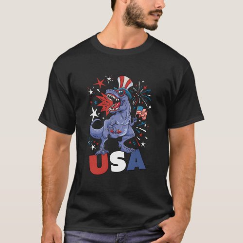 Usa Trex American Flag Fireworks Patriotic Dinosau T_Shirt