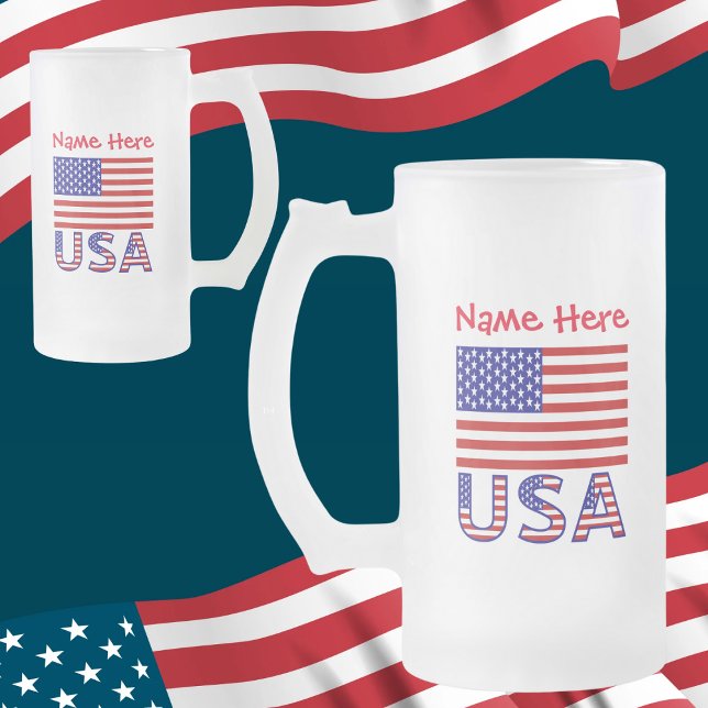 USA United States America Flag Red Personalization Frosted Glass Beer Mug (Creator Uploaded)