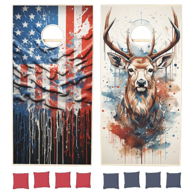 USA US DEER American Flag Deer Patriotic Fun Cornhole Set (Set)