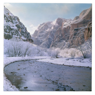 USA, Utah, Zion NP. New snow covers the canyon Ceramic Tile