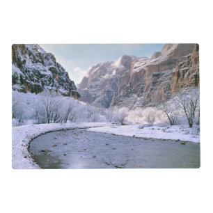 USA, Utah, Zion NP. New snow covers the canyon Placemat