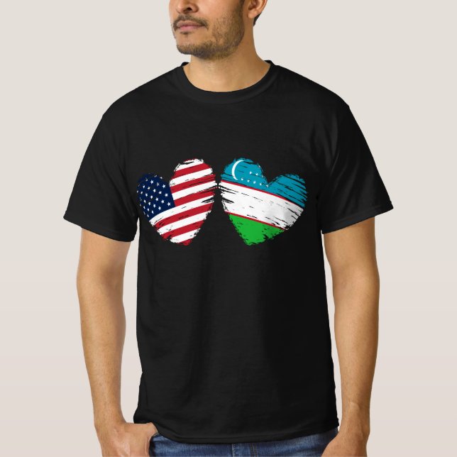 USA Uzbekistan Flag Heart Uzbek American T-Shirt (Front)