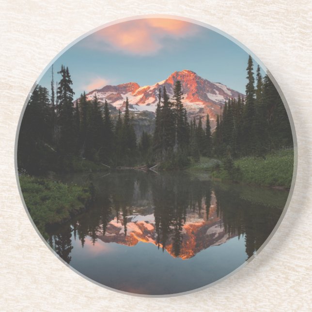 USA, Washington State. Mt. Rainier Reflected Drink Coaster (Front)