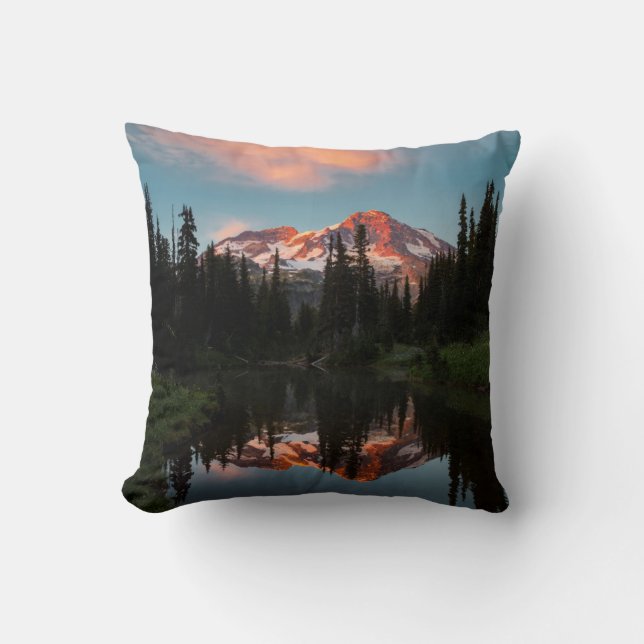 USA, Washington State. Mt. Rainier Reflected Throw Pillow (Front)