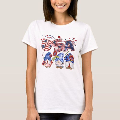 USA Watercolor Gnomes July 4th Patriotic T_Shirt