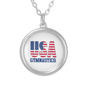 USA with American Flag Gymnastics Sports Silver Plated Necklace