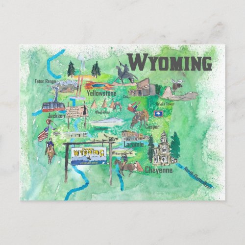 USA Wyoming Illustrated Travel Map Postcard