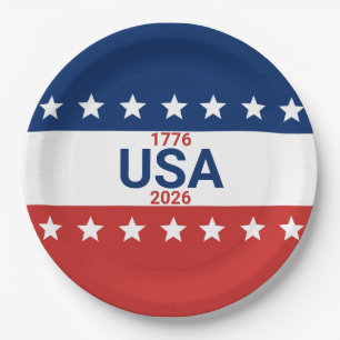 USA's 250th Anniversary 1776 2026 Red White Blue Paper Plates
