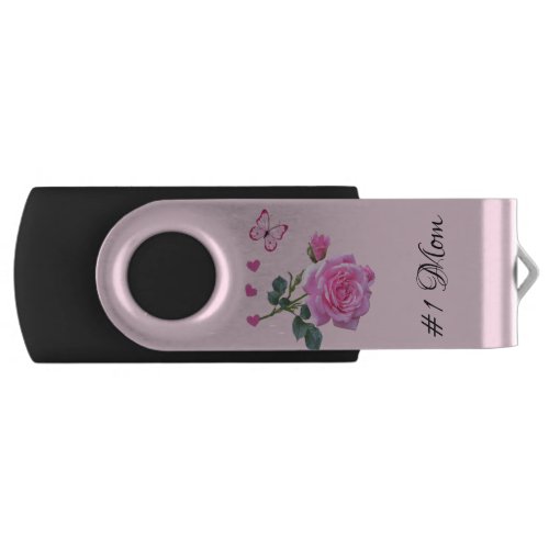 USB Flash Drive Pink Rose Floral Hearts Butterfly