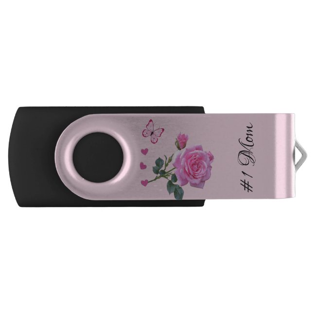 USB Flash Drive Pink Rose Floral Hearts Butterfly (Front)