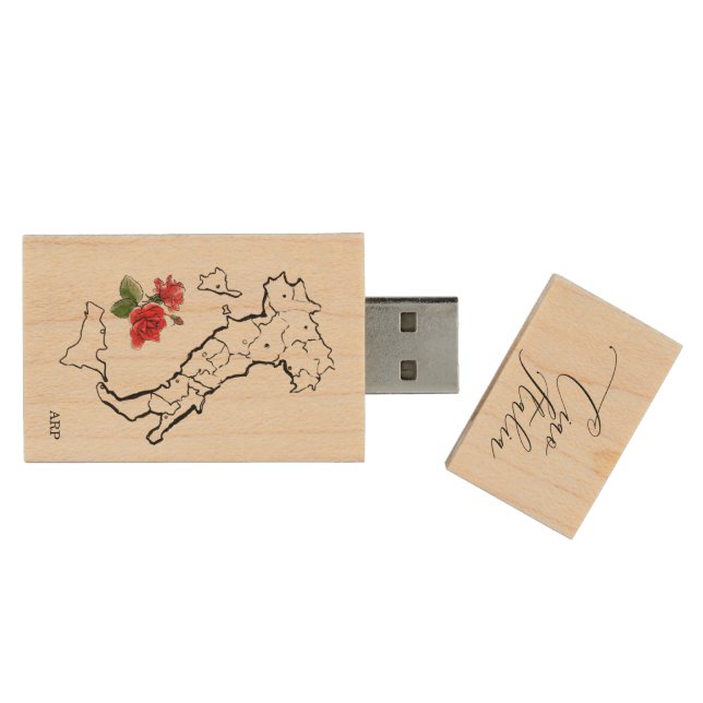 *~* USB Italy Map Italia Italian Language Roses Wood Flash Drive (Opened)