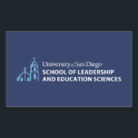 USD School of Leadership & Education Sciences Rectangular Sticker<br><div class="desc">Show your pride in the University of San Diego with this official School of Leadership and Education Sciences design. Highlighting the signature blue dome and bell tower graphic paired with bold lettering that reads “University of San Diego School of Leadership and Education Sciences, ” this design honors students, alumni, faculty,...</div>