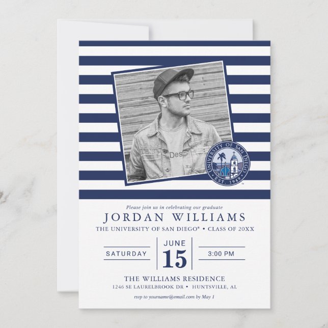 USD Striped Graduation with Photo Invitation (Front)