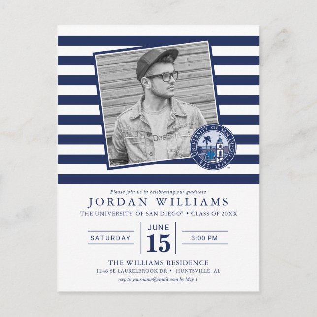 USD Striped Graduation with Photo Postcard (Front)