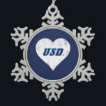 USD Vintage Heart Snowflake Pewter Christmas Ornament<br><div class="desc">Check out these new University of San Diego designs! Get all the latest U of San Diego gear here. All of these Zazzle products are customizable with your class year,  name,  and club. These products make perfect gifts for the USD student,  alumni,  family,  friend,  or fan in your life.</div>