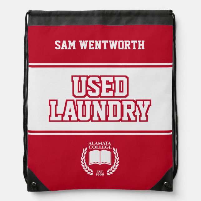 Used Laundry Red White College University Dorm Drawstring Bag (Front)