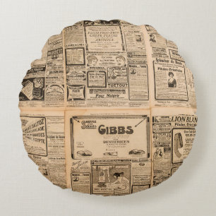 Used paper background. Old newspaper page with vin Round Pillow