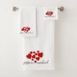 Useful Gift For Romantic Couple Moving In Together Bath Towel Set<br><div class="desc">Beautiful personalized set of towels for a romantic couple. Simple clean white towel with subtle design made out of couple's names joined by a heart and cute hearts illustration floating above the names. The custom names are printed in a beautiful black ink cursive script font reminiscent of calligraphy art handwriting....</div>