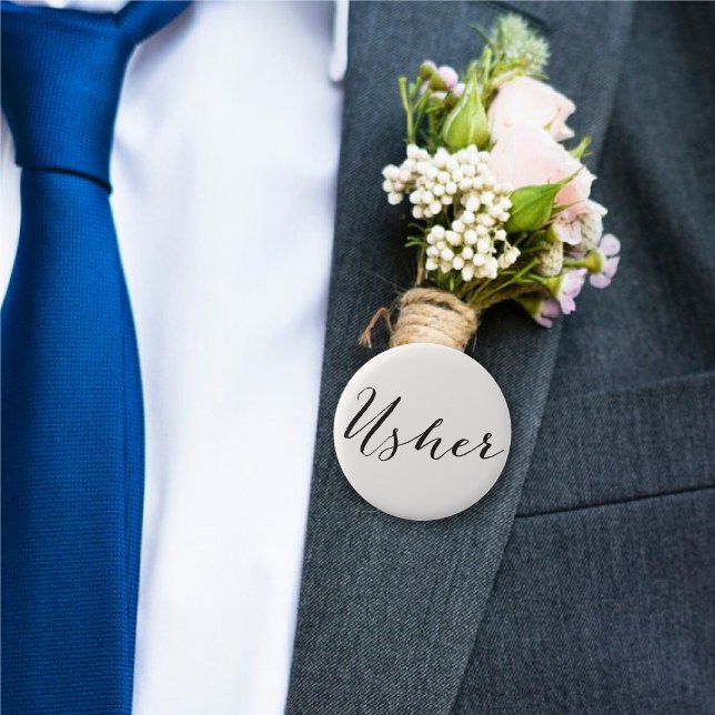 Usher Calligraphy Script Chic Wedding Bridal Party Pinback Button ('Usher' Classic Script Calligraphy Wedding Rehearsal Pin Button @ fatfatin_blue_knot)