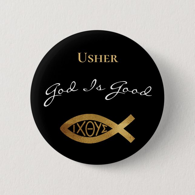 Usher Christian Church God Is Good Modern Black Button (Front)