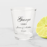Usher Script Customized Shot Glass<br><div class="desc">This very classic and traditional shot glass with the word Usher (which is customizable for any wedding party member), the usher's name in a lovely script font, the bride and groom's names, and their wedding date would be perfect for your ushers. They'd be fabulous to have on your bachelor week-end,...</div>