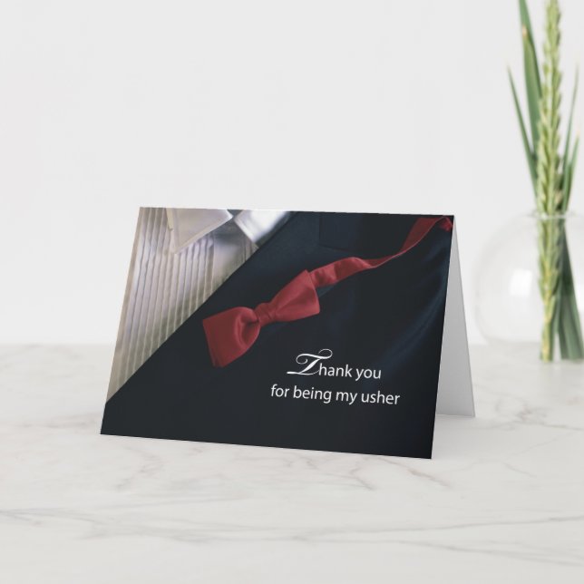 Usher Thank You Red Tie and Black Tuxedo Wedding Card (Front)