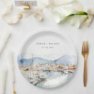 Ushuaia, Argentina Watercolor Landscape Wedding Paper Plates