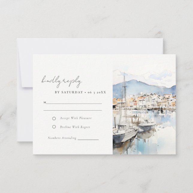 Ushuaia, Argentina Watercolor Landscape Wedding RSVP Card (Front)