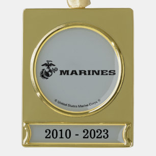 USMC Logo Stacked Black Logo Gold Plated Banner Ornament
