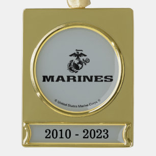 USMC Logo Stacked Black Logo Gold Plated Banner Ornament