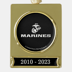 USMC Logo Stacked - White Gold Plated Banner Ornament
