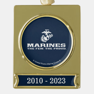 USMC The Few The Proud Logo Stacked - White Gold Plated Banner Ornament