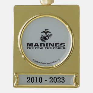USMC "The Few, The Proud" Stacked Black Logo Gold Plated Banner Ornament