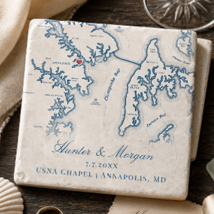 USNA Chapel Wedding Favor Annapolis MD Map  Stone Coaster