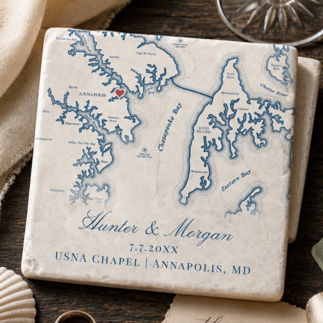 USNA Chapel Wedding Favor Annapolis MD Map  Stone Coaster (USNA Chapel Wedding Favor Keepsake Annapolis Map Stone Coaster in navy blue by Coastal Map Designs)