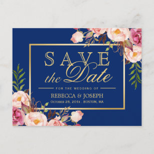 (USPS) Pink Floral Gold Navy Blue Save the Date Announcement Postcard
