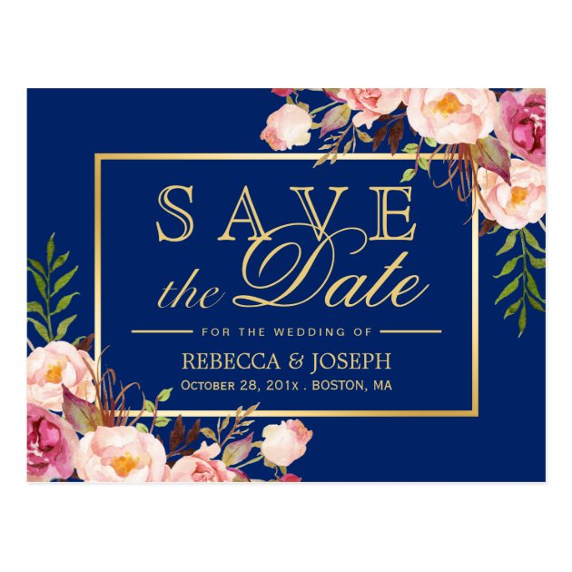 (USPS) Pink Floral Gold Navy Blue Save The Date Postcard