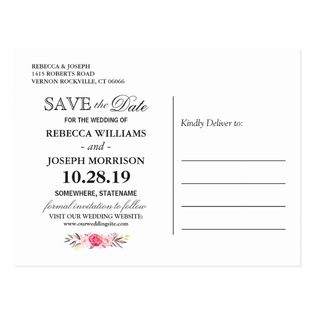 (USPS) Pink Floral Gold Navy Blue Save The Date Postcard