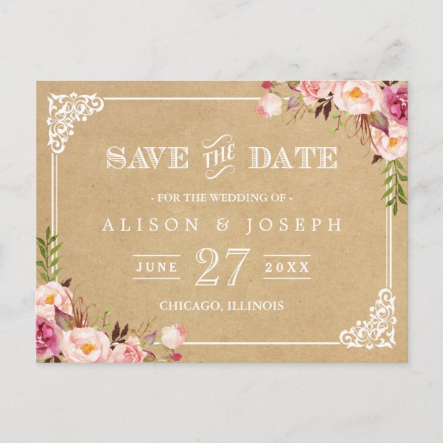 (USPS) Rustic Floral Kraft Wedding Save the Date Announcement Postcard (Front)