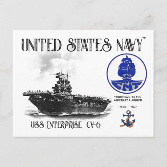 USS ENTERPRISE CV-6 AIRCRAFT CARRIER   -  Postcard (Front)