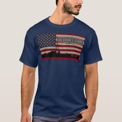 USS Eugene E Elmore DE 686 WW2 Ship American Flag T_Shirt