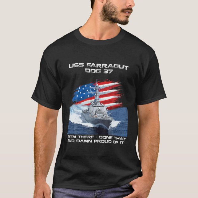 USS Farragut DDG-37 Destroyer Ship USA Flag Vetera T-Shirt (Front)