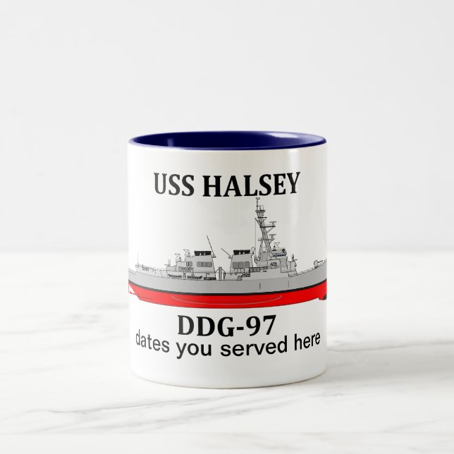 USS Halsey, DDG-97, customisable dates served Two-Tone Coffee Mug (Center)